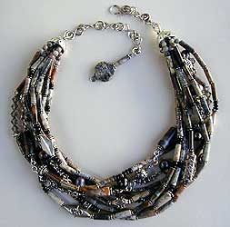 Silver leaf jasper, pearls, black onlx, crystal and sterling silver 9-strand Necklace by Vicky Jousan