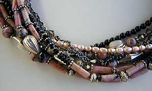 Rhodonite, black onyx, moonstone, pearls, crystal and sterling silver 9-strand Necklace by Vicky Jousan