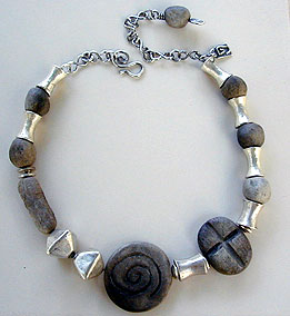 pit fired clay beads and silver necklace by Vicky Jousan