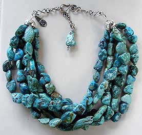 Chinese Turquoise nuggets 5-strand necklace with sterling silver chain and clasp by Vicky Jousan