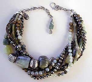 Jade, Serpentine, Pearls and pure silver necklace by Vicky Jousan