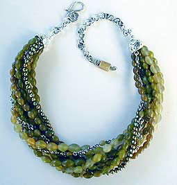 Serpentine, Cultured Pearls and sterling silver 9-strand necklace by Vicky Jousan