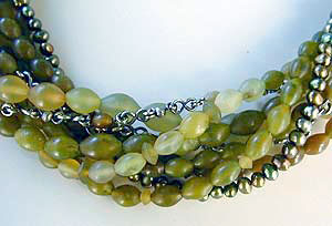 Serpentine, Cultured Pearls and sterling silver 9-strand necklace by Vicky Jousan