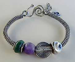 Bangle bracelet of sterling silver, amethyst and green aventurine stones - by Vicky Jousan