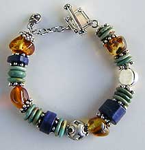 Chinese turquoise, lapis, amber, and sterling silver one of a kind bracelet by Vicky Jousan