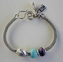 Bangle bracelet of Hill Tribe silver, amazonite and amethyst - by Vicky Jousan