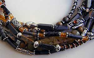 Picasso marble jasper, carnelian, soo chow, hematite, serpentine, Austrian crystal and silver necklace by Vicky Jousan