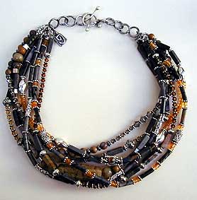 Picasso marble jasper, carnelian, soo chow, hematite, serpentine, Austrian crystal and silver necklace by Vicky Jousan