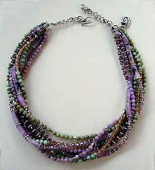 Lepidolite, Green Prase, Austrian Crystal, Bali sterling silver necklace by Vicky Jousan