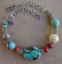 Turquoise Apple Coral, and sterling silver necklace by Vicky Jousan