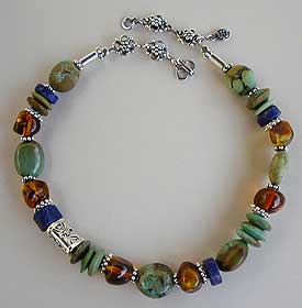 Chinese turquoise, lapis, amber, and sterling silver necklace by Vicky Jousan