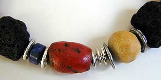 Lava, Lapis, Jade, African Trade Beads, and sterling silver necklace and earrings by Vicky Jousan